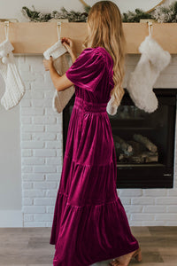 *Website Exclusive* Taylor Velvet Puff Short Sleeve Smocked Waist Tiered Maxi Dress