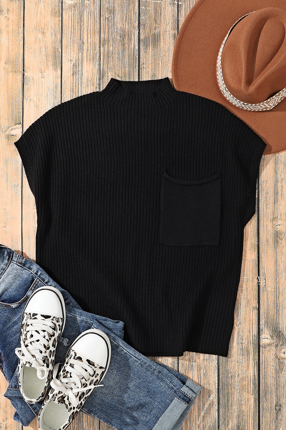 *Website Exclusive* Lee Patch Pocket Ribbed Knit Short Sleeve Sweater