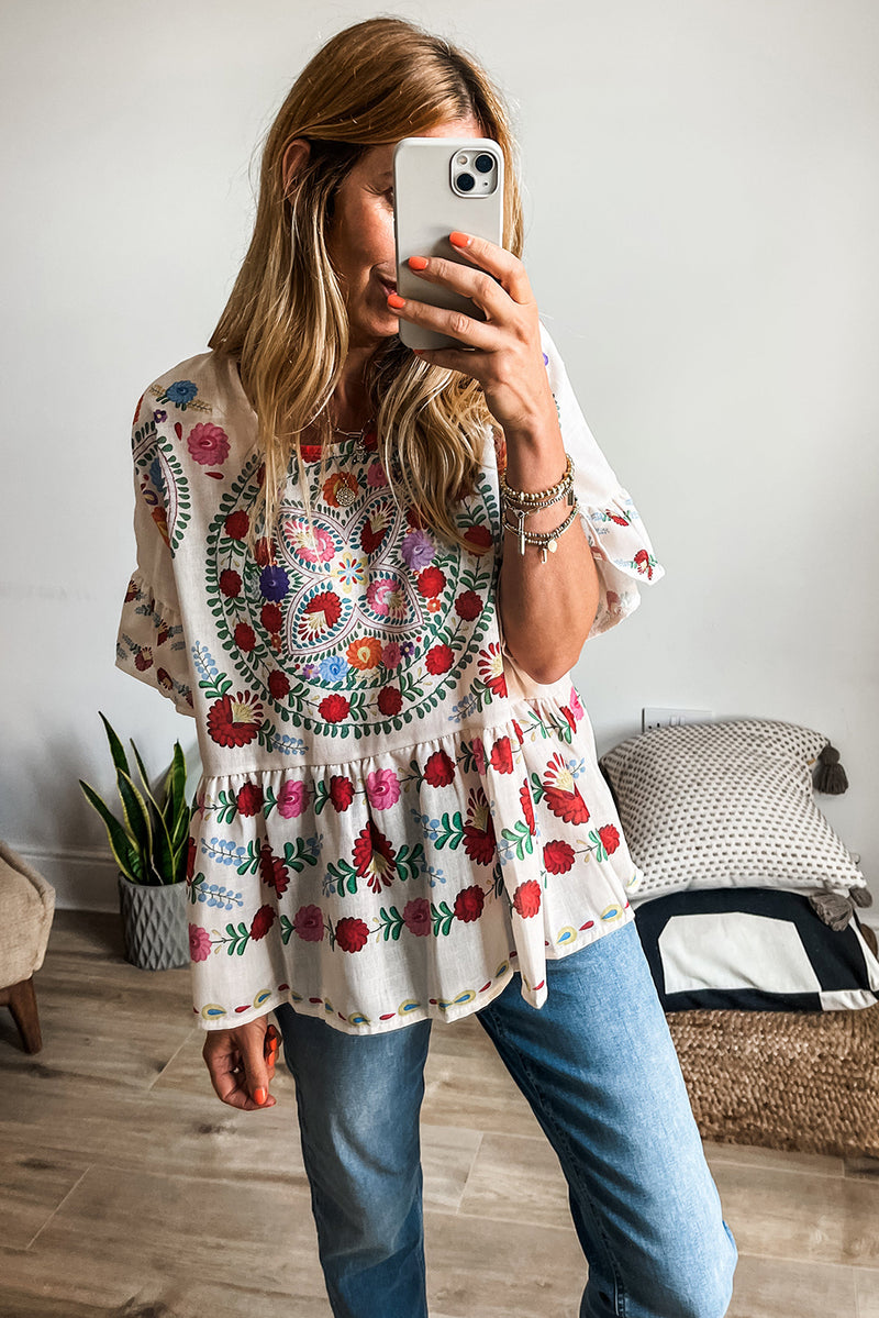 *Website Exclusive* White Boho Floral Bell Sleeve Peplum Blouse