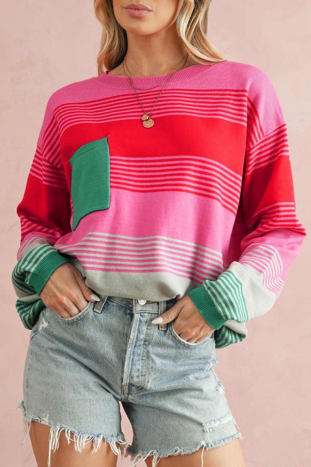 *WEBSITE EXCLUSIVE* Rose Striped Patch Pocket Drop Shoulder Knit Sweater