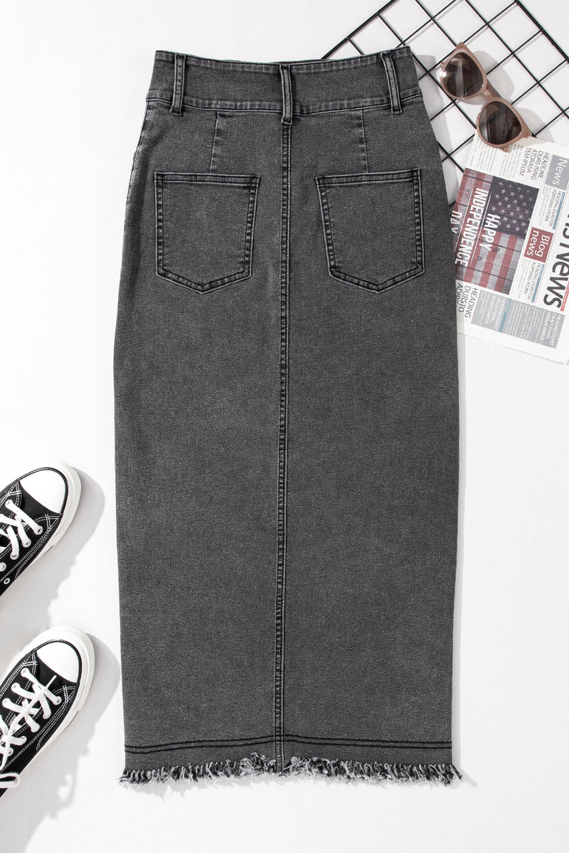 *Website Exclusive* Black Raw Edge Side Slits Buttoned Midi Denim Skirt