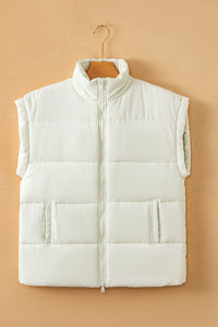 *Website Exclusive* Beige Solid Zipper Stand Neck Oversized Puffer Vest