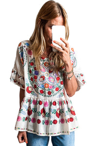 *Website Exclusive* White Boho Floral Bell Sleeve Peplum Blouse