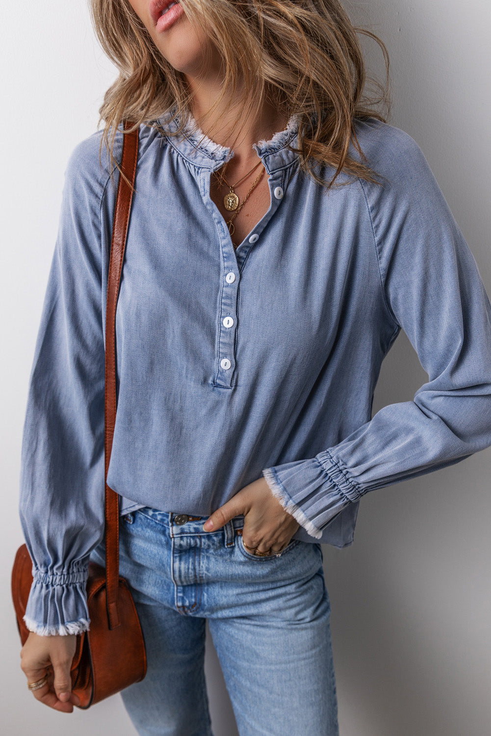 *WEBSITE EXCLUSIVE* Sky Blue Frilled Raw Hem Half Buttoned Denim Top