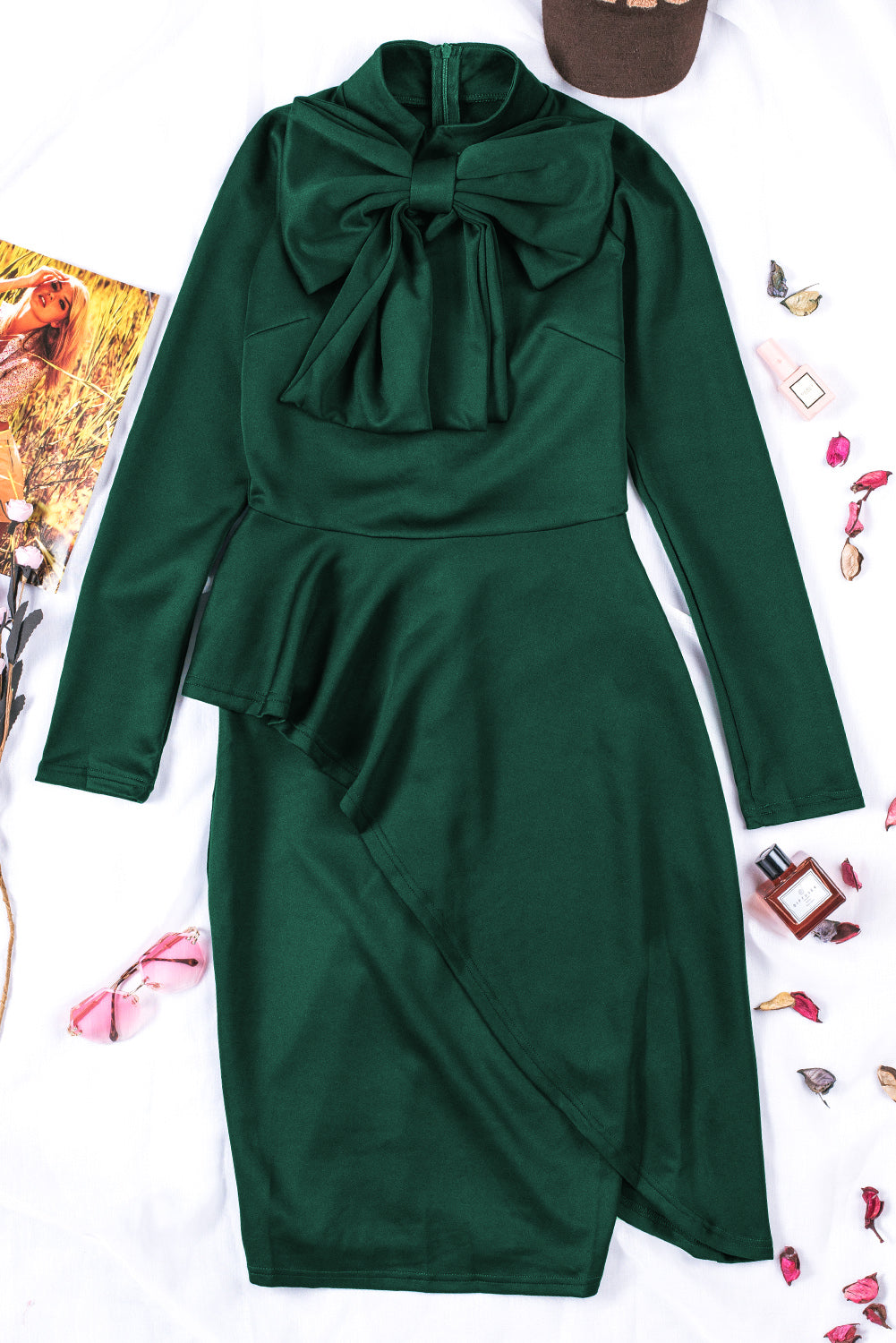 *Website Exclusive * Green Asymmetric Peplum Style Bow Dress