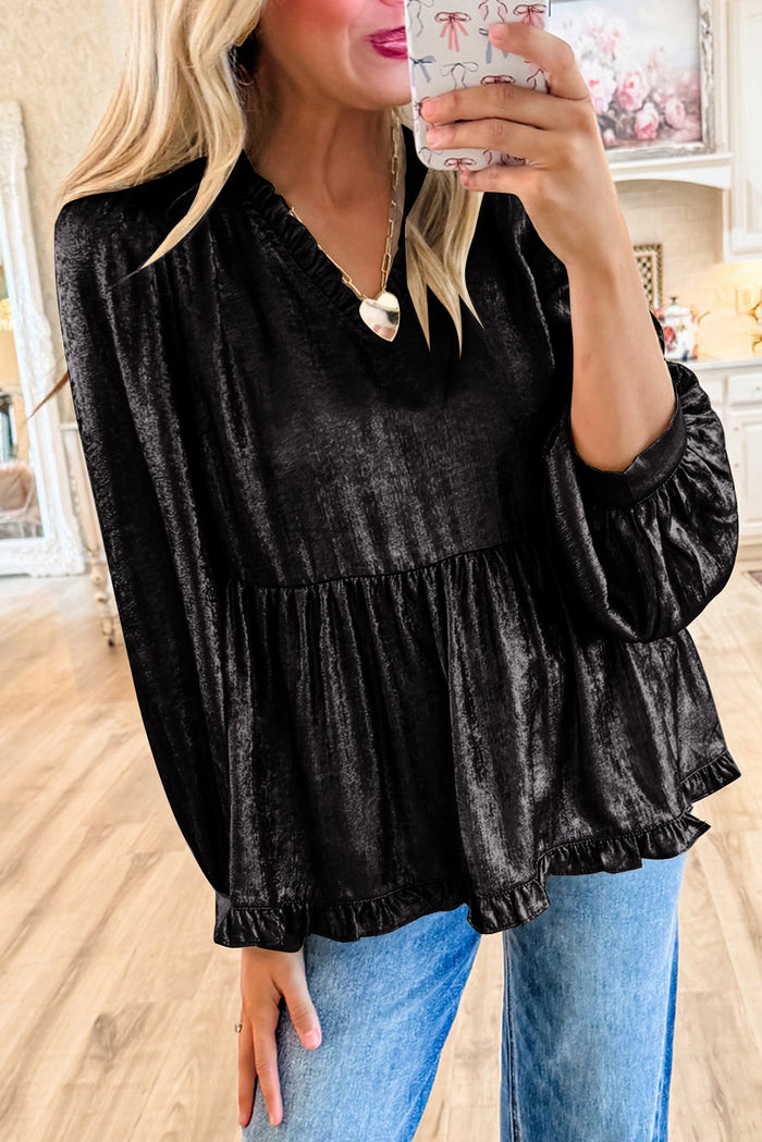 *Website Exclusive* Kate Black Frill V Neck Puff Sleeve Babydoll Blouse