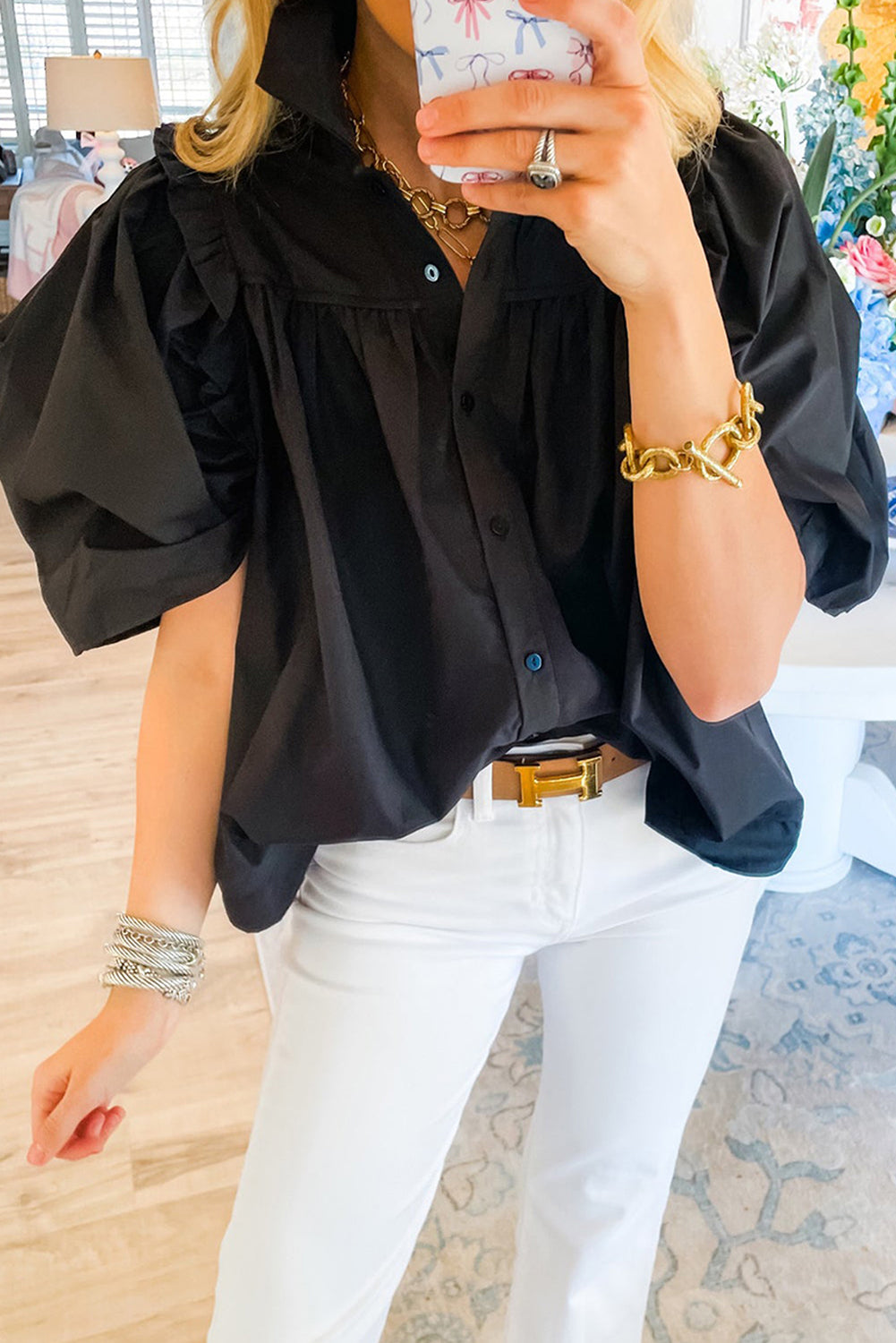 *WEBSITE EXCLUSIVE* Black Puff Sleeve Buttoned Up Blouse