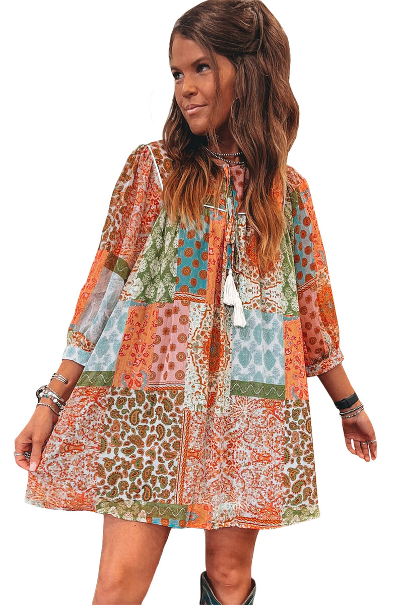 *Website Exclusive* Orange Boho Paisley Mixed Print 3/4 Sleeve Chiffon Loose Dress