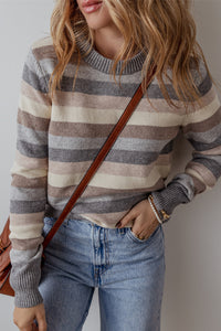 *WEBSITE EXCLUSIVE* Sarah Gray Striped Ribbed Edge Round Neck Sweater