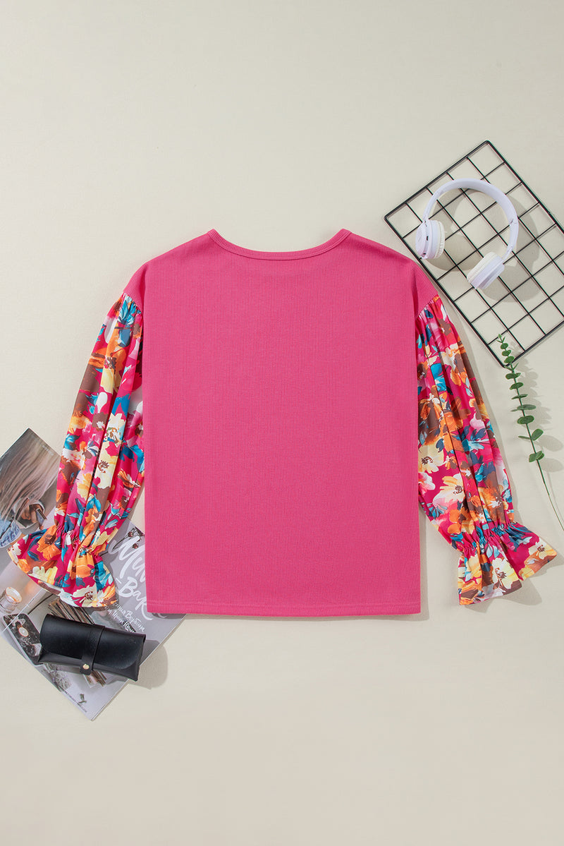 *WEBSITE EXCLUSIVE*  Flower Patchwork Ribbed Knit Drop Shoulder Top