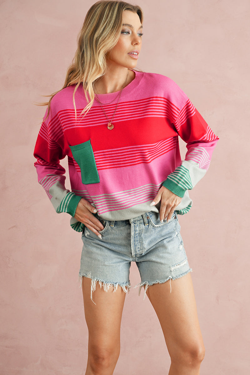 *WEBSITE EXCLUSIVE* Rose Striped Patch Pocket Drop Shoulder Knit Sweater