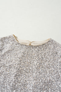 *WEBSITE EXCLUSIVE* Silver Sequin Puff Sleeve Cutout Back Blouse