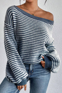 *WEBSITE EXCLUSIVE* Blue Striped Drop Shoulder Sleeve Sweater