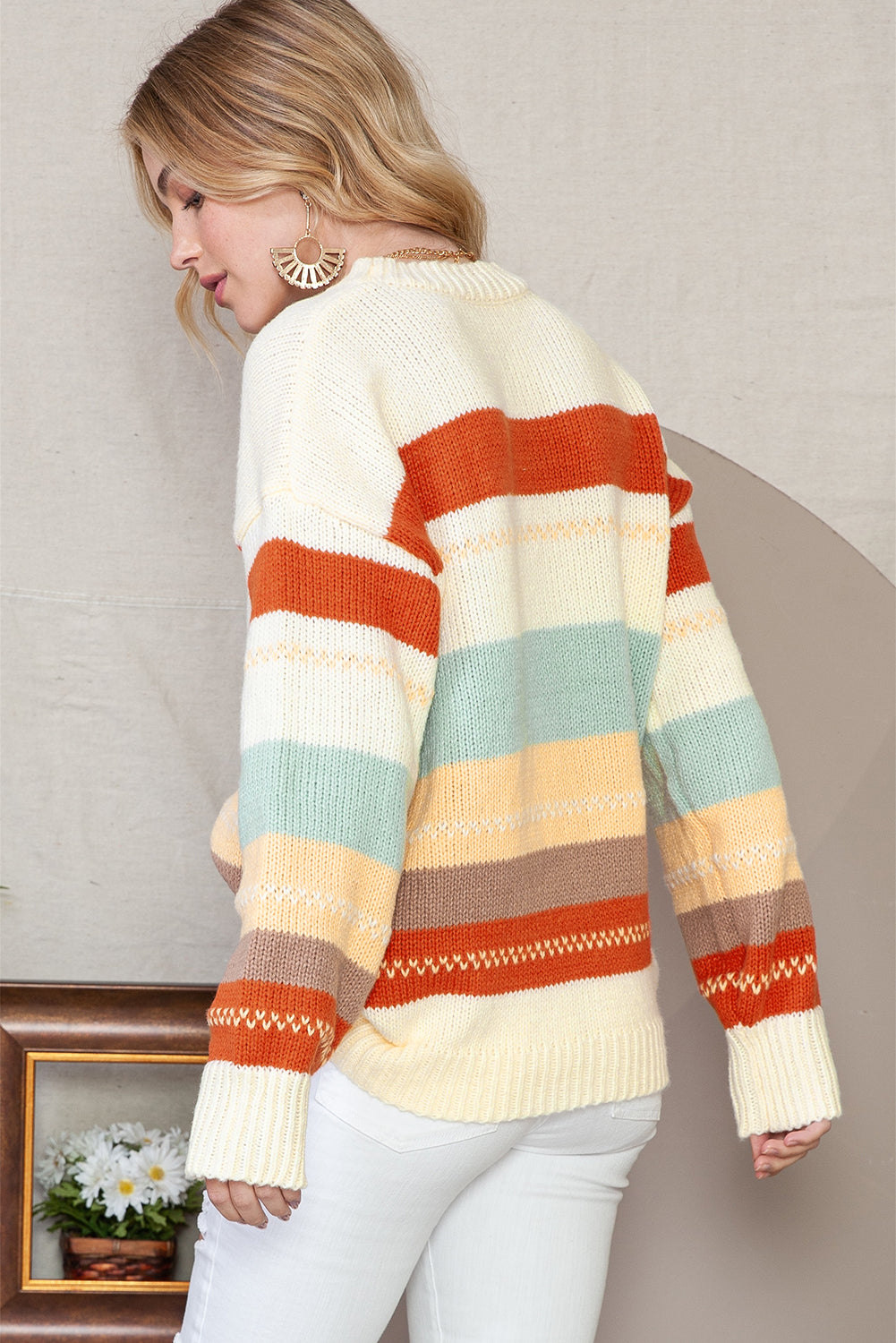 *Website Exclusive* Remington White Striped Color Block Drop Shoulder Knit Sweater