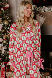 *Website Exclusive* Estimated Ship Date 11/27 Red Christmas Tree Bow Long Sleeve Lapel Collar Pajama Set