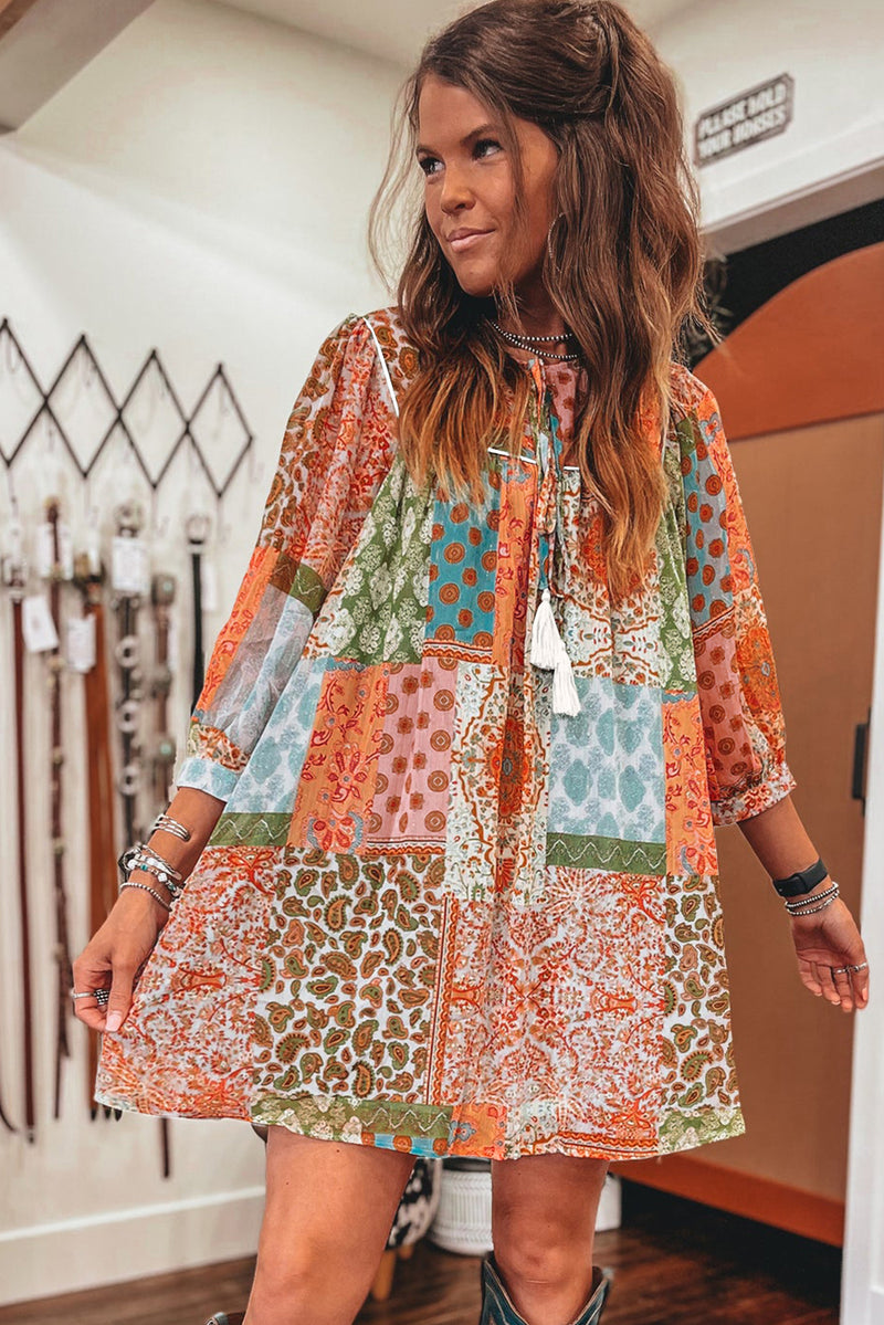 *Website Exclusive* Orange Boho Paisley Mixed Print 3/4 Sleeve Chiffon Loose Dress