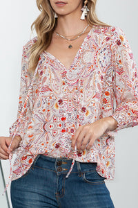 *WEBSITE EXCLUSIVE* Red Boho Paisley Print Shirred Cuffs Blouse