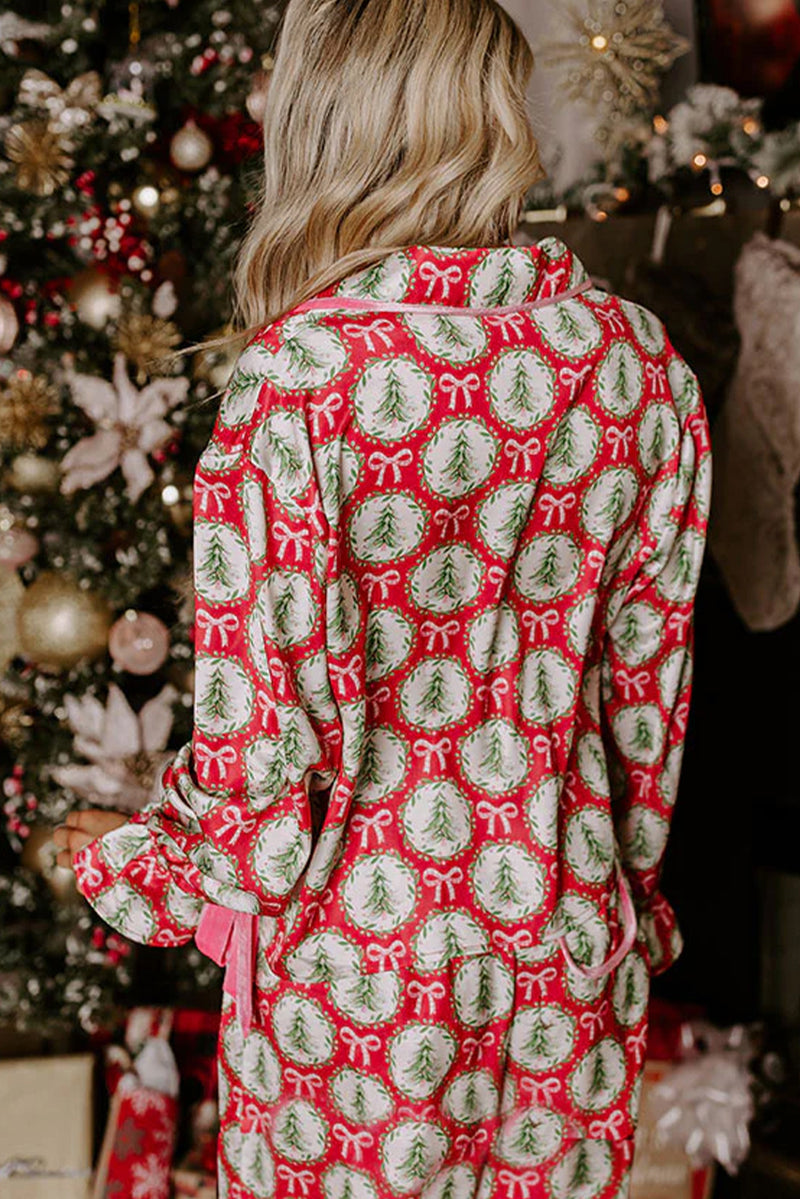 *Website Exclusive* Estimated Ship Date 11/27 Red Christmas Tree Bow Long Sleeve Lapel Collar Pajama Set