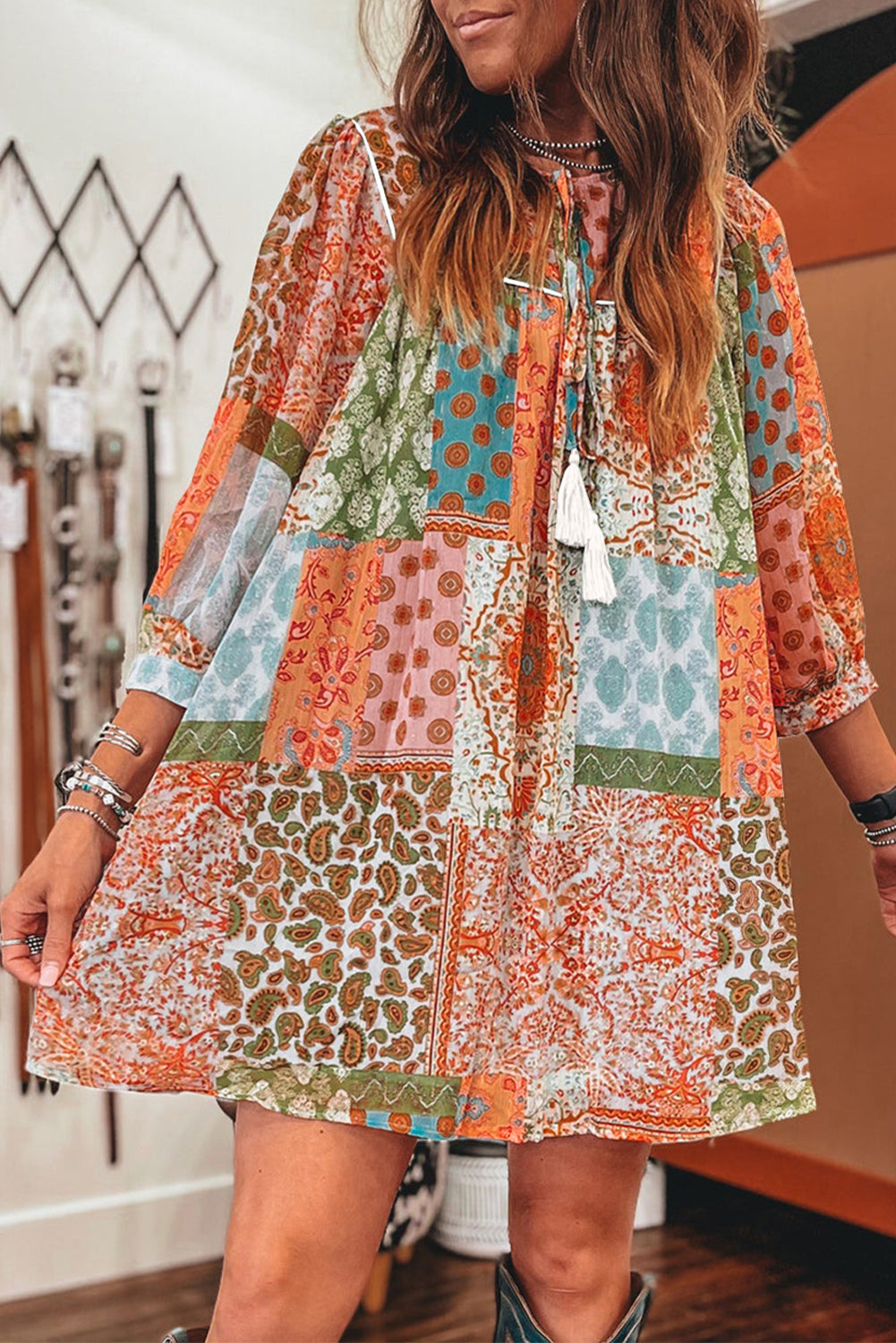 *Website Exclusive* Orange Boho Paisley Mixed Print 3/4 Sleeve Chiffon Loose Dress