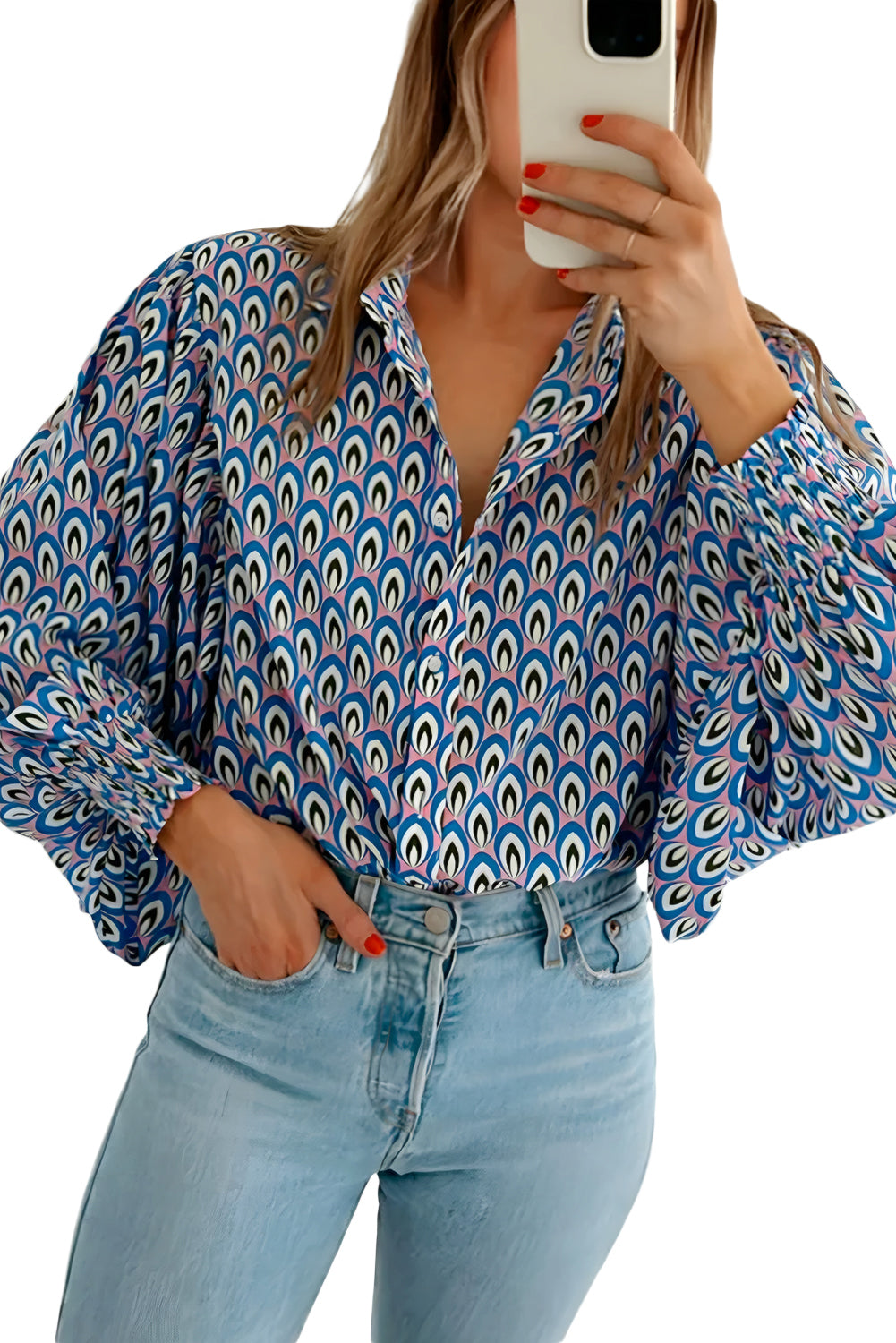 *WEBSITE EXCLUSIVE*  Blue Print Lantern Sleeve Shirt