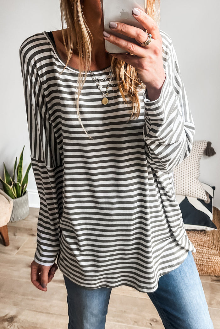 *WEBSITE EXCLUSIVE* Gray Stripe Drop Sleeve Round Neck Oversized Top