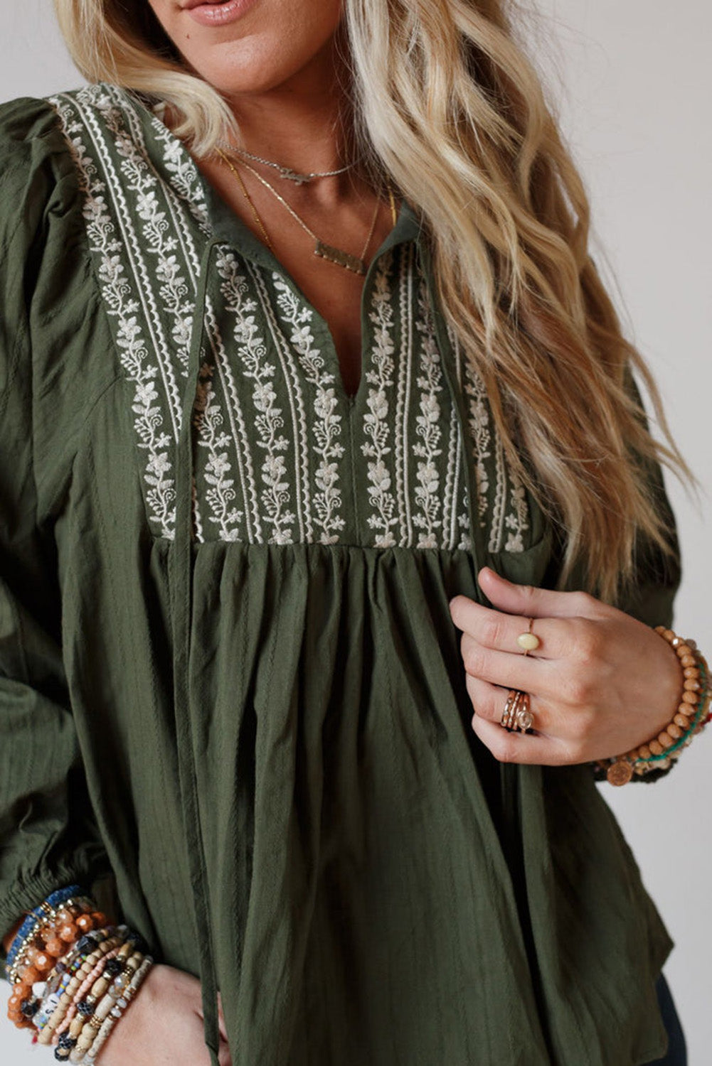 *WEBSITE EXCLUSIVE* Green Embroidered Split Neck Pleated Loose Blouse