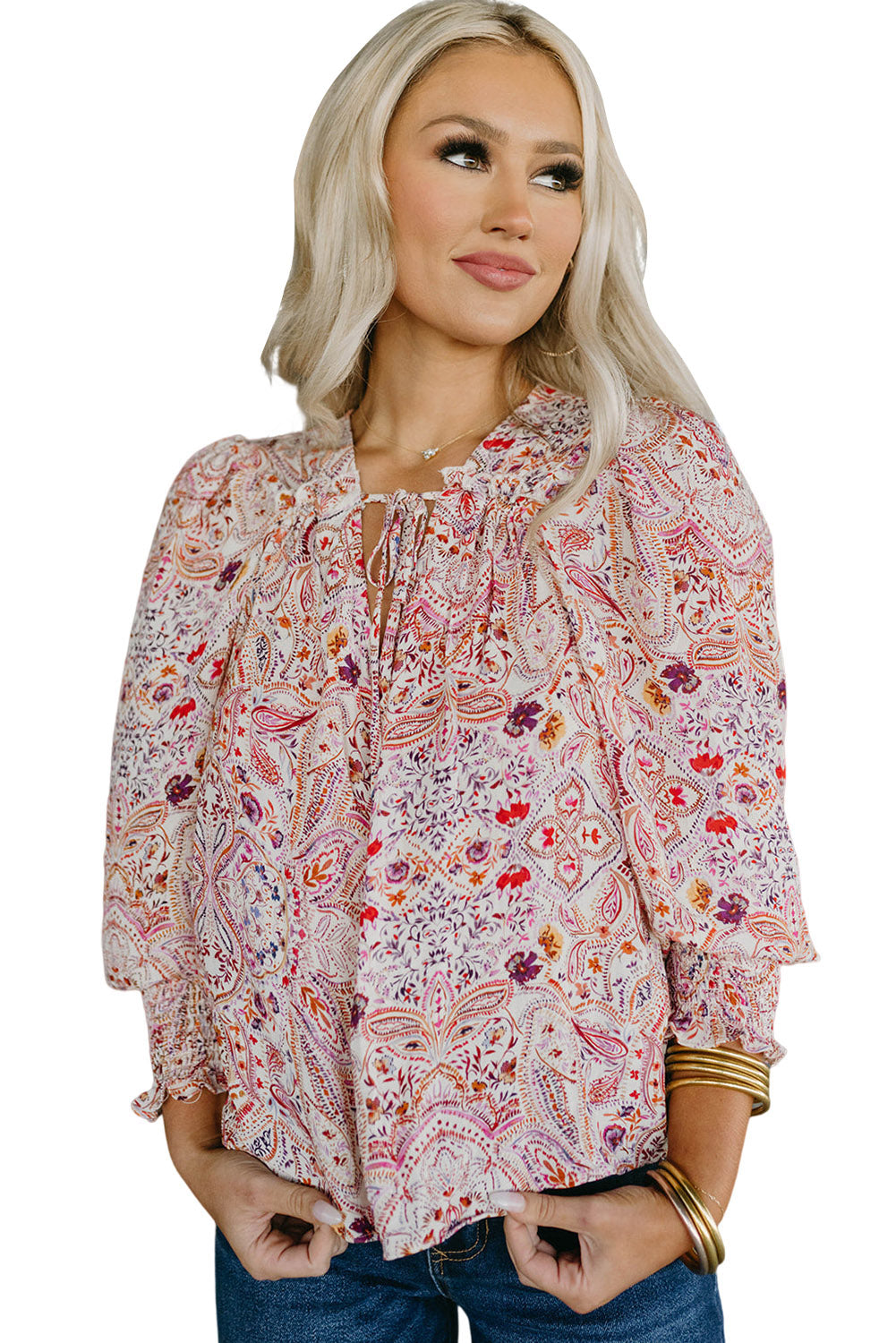 *WEBSITE EXCLUSIVE* Red Boho Paisley Print Shirred Cuffs Blouse