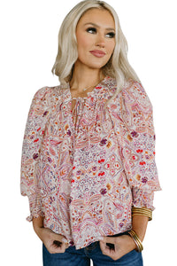 *WEBSITE EXCLUSIVE* Red Boho Paisley Print Shirred Cuffs Blouse