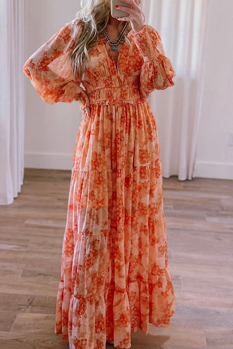 *Website Exclusive* Orange Boho Floral Bishop Sleeve V Neck Tiered Maxi Dress