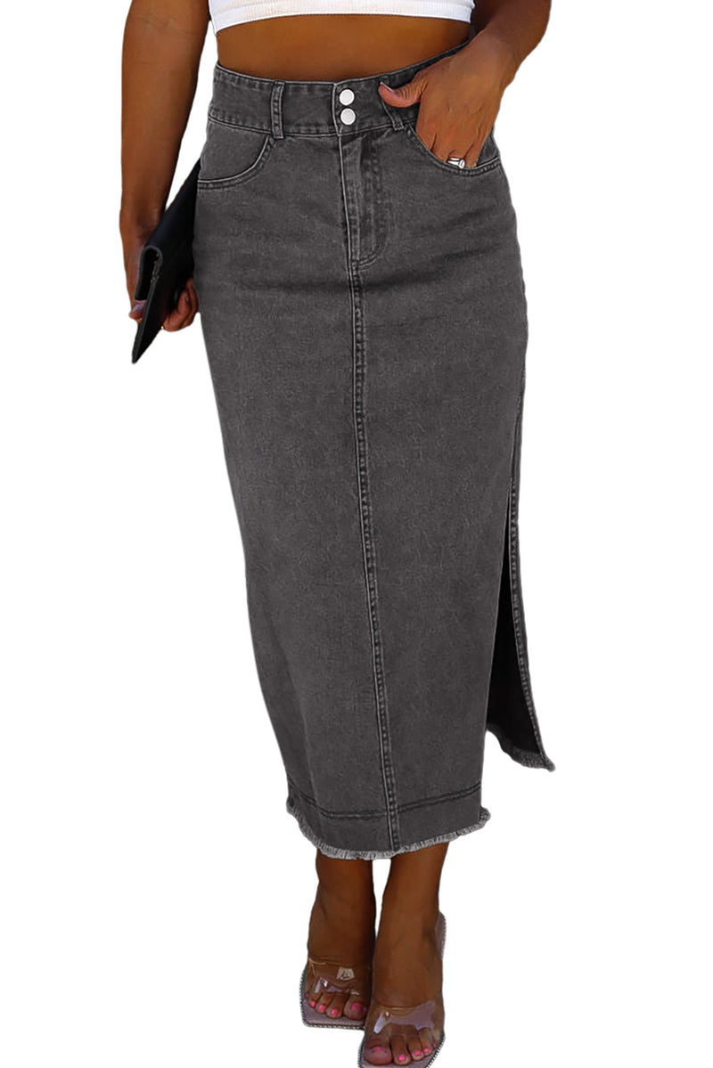 *Website Exclusive* Black Raw Edge Side Slits Buttoned Midi Denim Skirt