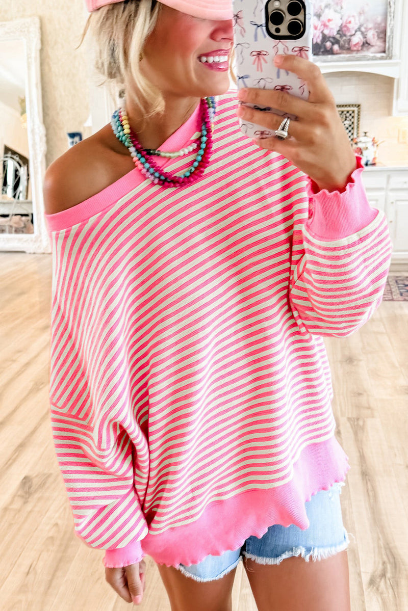 *WEBSITE EXCLUSIVE*  Flora Pink Stripe Drop Shoulder Long Sleeve Top