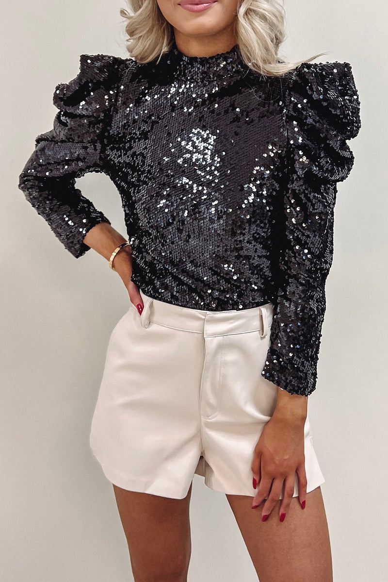 *WEBSITE EXCLUSIVE* Vivian Sequin Mock Neck Ruched Puff Sleeve Top