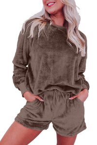 *WEBSITE EXCLUSIVE* Coffee Solid Loose Fit High Waist Fleece Loungewear Set