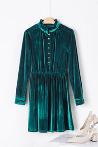 *Website Exclusive* Green Velvet Frill Neckline Buttoned Front Ruffle Mini Dress