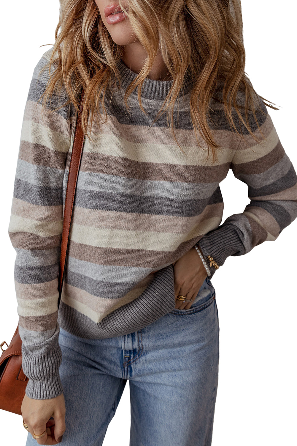 *WEBSITE EXCLUSIVE* Sarah Gray Striped Ribbed Edge Round Neck Sweater