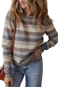 *WEBSITE EXCLUSIVE* Sarah Gray Striped Ribbed Edge Round Neck Sweater