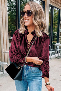 *Website Exclusive * Elle  Buttoned V Neck Velvet Blouse