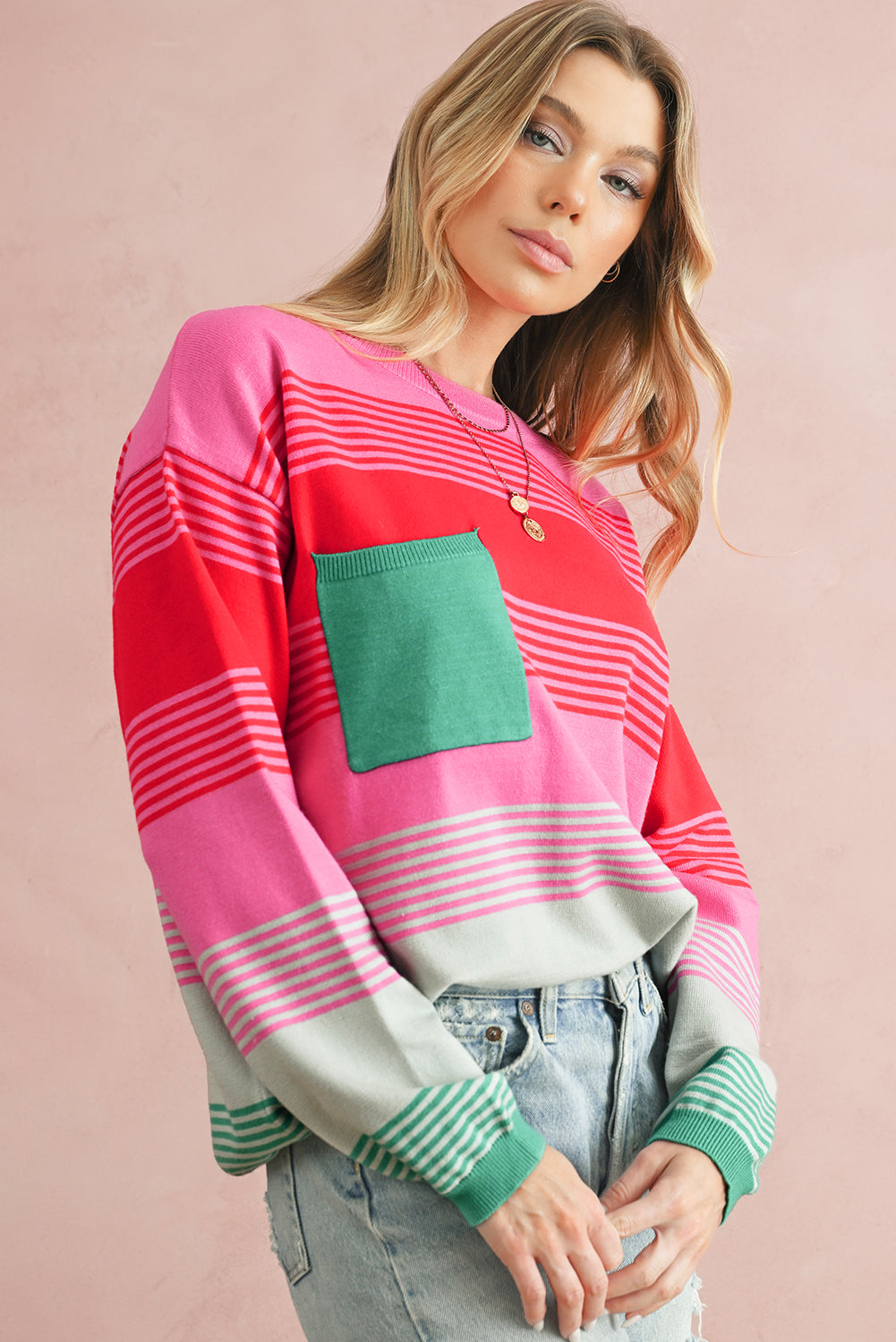 *WEBSITE EXCLUSIVE* Rose Striped Patch Pocket Drop Shoulder Knit Sweater