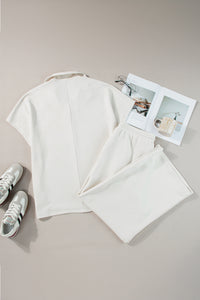 *WEBSITE EXCLUSIVE* Beige Plus Size Textured Collared Top and Drawstring Pants Set