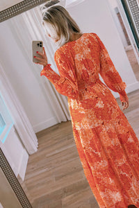 *Website Exclusive* Orange Boho Floral Bishop Sleeve V Neck Tiered Maxi Dress