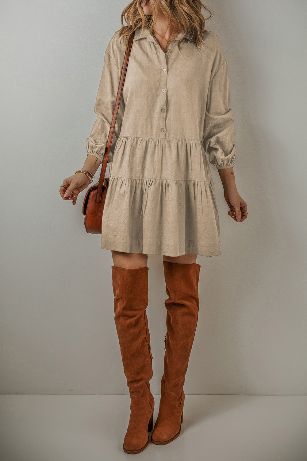 *WEBSITE EXCLUSIVE* Tan Puff Sleeve Buttoned Tiered Pleated Mini Shirt Dress