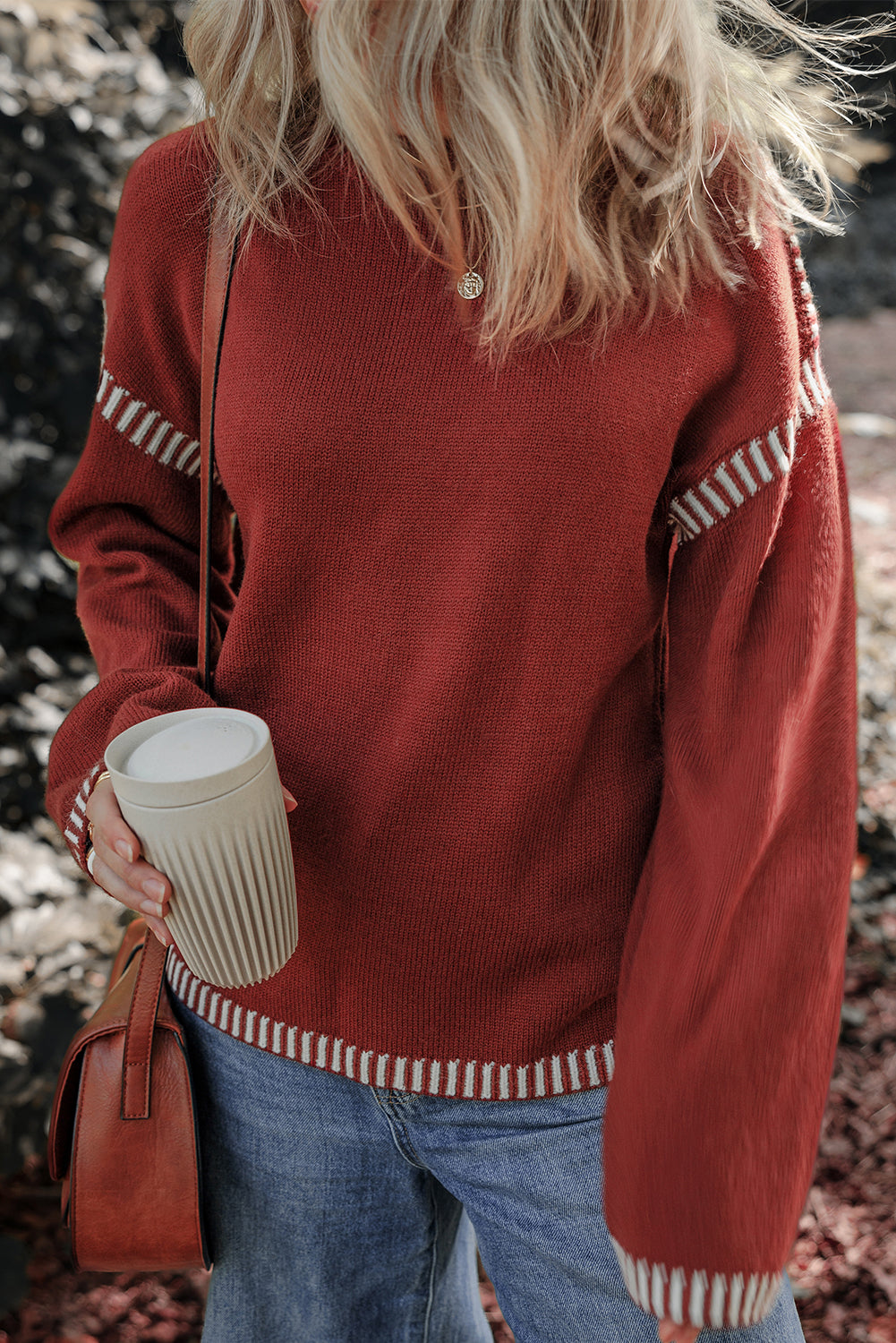 *WEBSITE EXCLUSIVE* Rust Contrast Trim Knit Sweater