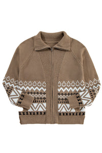 *Website Exclusive* Brown Geometric Print Ribbed Trim Zipper Collar Sweater