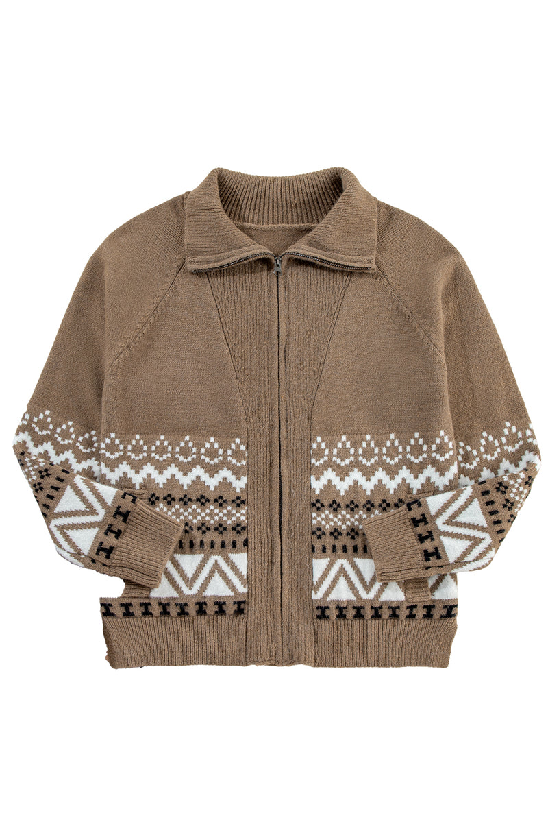 *Website Exclusive* Brown Geometric Print Ribbed Trim Zipper Collar Sweater