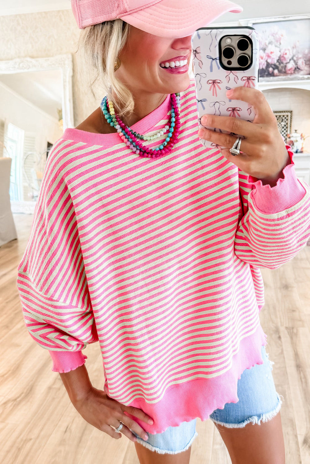 *WEBSITE EXCLUSIVE*  Flora Pink Stripe Drop Shoulder Long Sleeve Top