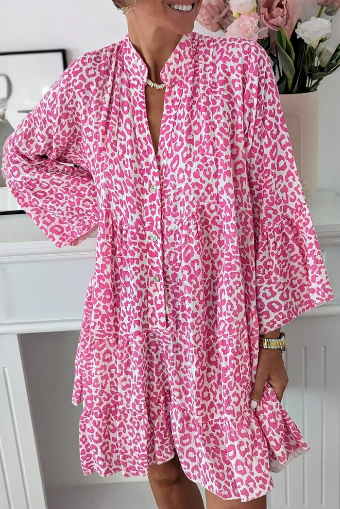 *WEBSITE EXCLUSIVE* Bright Pink Leopard Print Flounce Sleeve Mini Dress