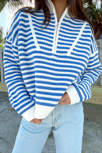 *WEBSITE EXCLUSIVE* Olivia Blue Stripe Zip Collar Sweater