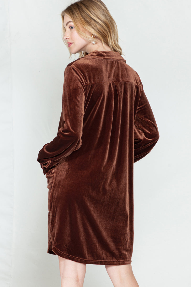 *Website Exclusive* Coffee Roll Tab Sleeve Collared V Neck Velvet Dress