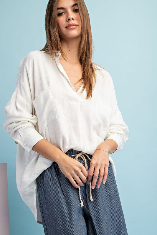 White Long Sleeve V Neck Colored Top with Pockets