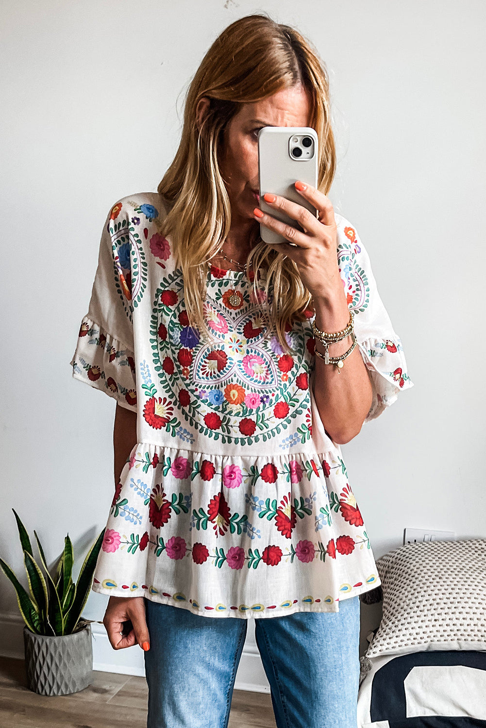 *Website Exclusive* White Boho Floral Bell Sleeve Peplum Blouse